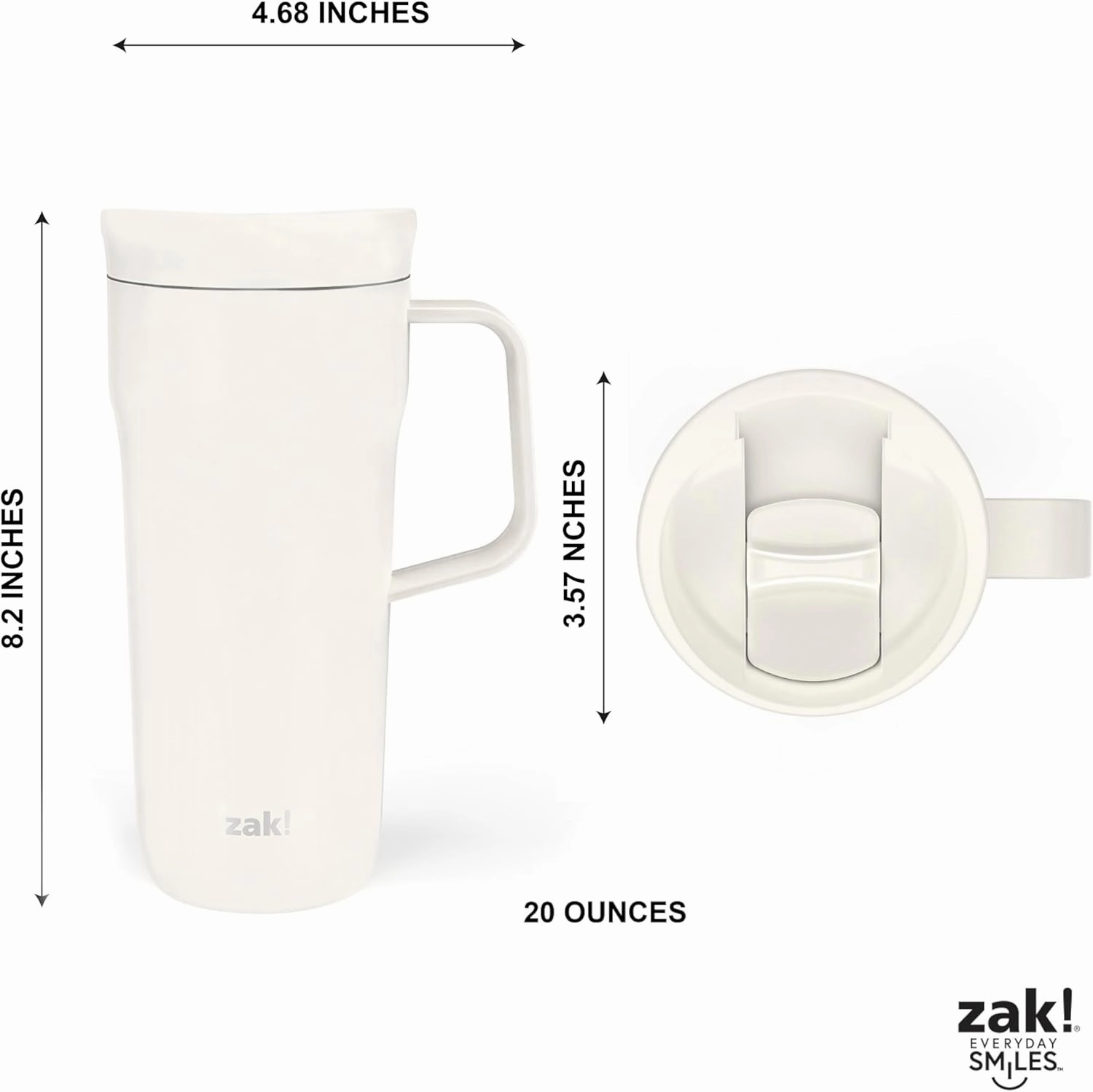 Zak Designs Harmony Tumbler for Travel or At Home, 20oz Recycled Stainless Steel is Splash-Proof and Vacuum Insulated with Slide Lid and Handle (Cream White)