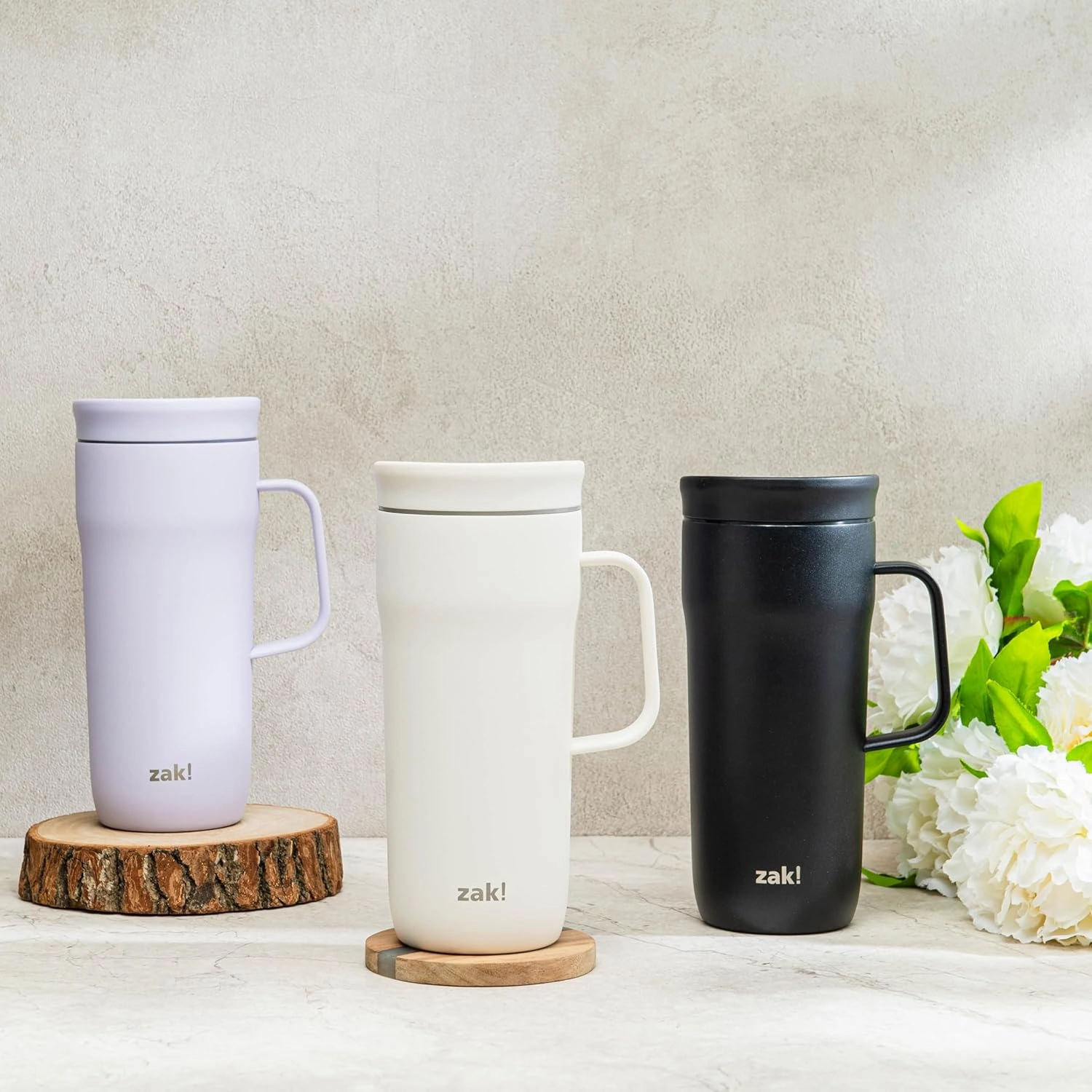 Zak Designs Harmony Tumbler for Travel or At Home, 20oz Recycled Stainless Steel is Splash-Proof and Vacuum Insulated with Slide Lid and Handle (Cream White)