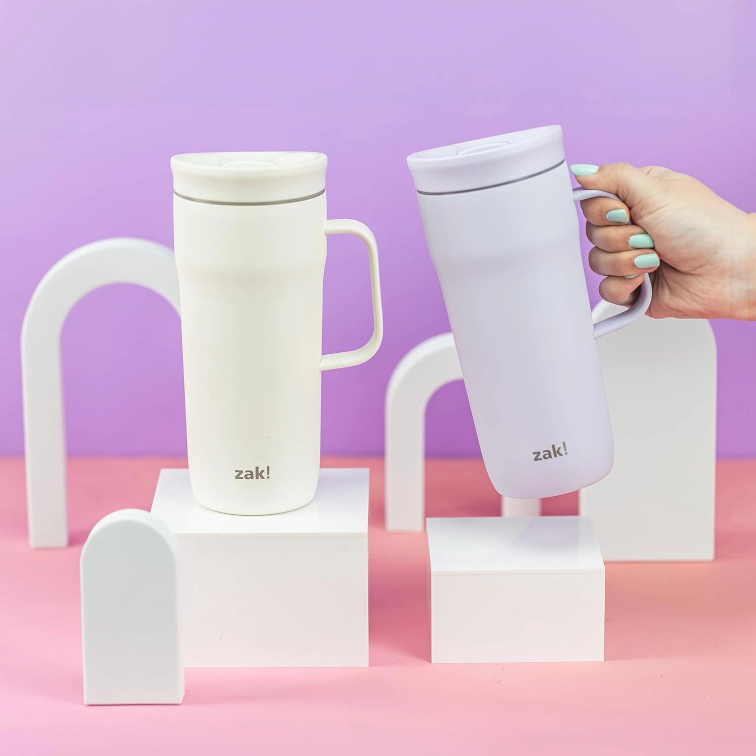Zak Designs Harmony Tumbler for Travel or At Home, 20oz Recycled Stainless Steel is Splash-Proof and Vacuum Insulated with Slide Lid and Handle (Cream White)