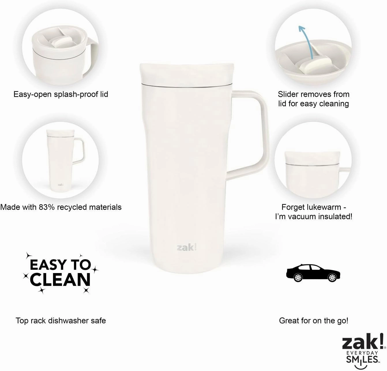 Zak Designs Harmony Tumbler for Travel or At Home, 20oz Recycled Stainless Steel is Splash-Proof and Vacuum Insulated with Slide Lid and Handle (Cream White)