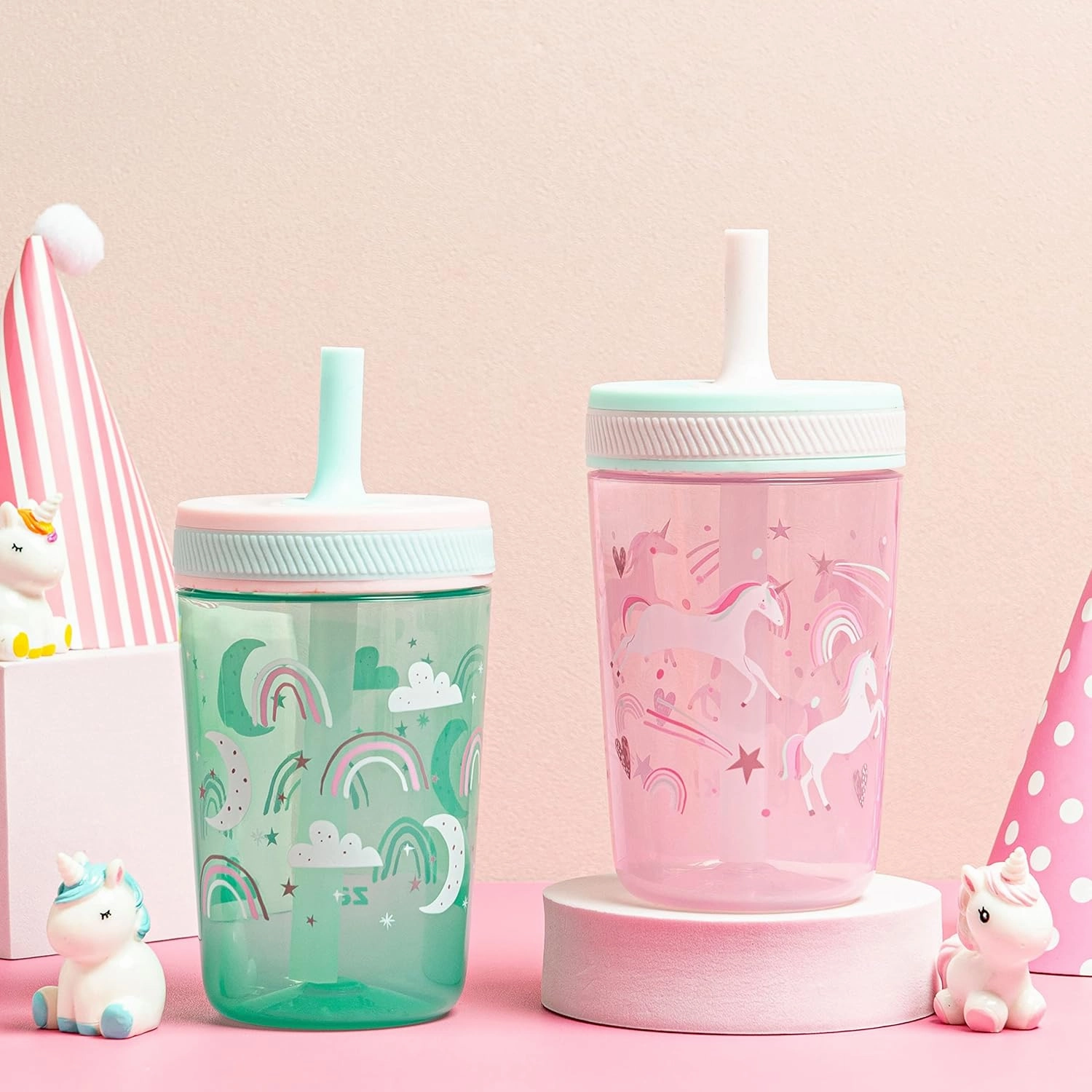 Zak Designs Kelso Toddler Cups For Travel or At Home, 15oz 2-Pack Durable Plastic Sippy Cups With Leak-Proof Design is Perfect For Kids (Fanciful Unicorn, Happy Skies)