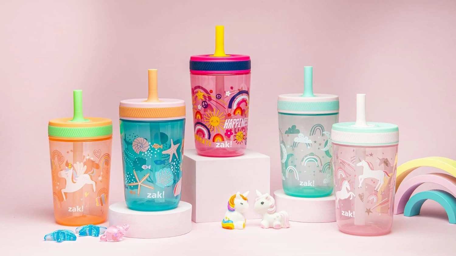 Zak Designs Kelso Toddler Cups For Travel or At Home, 15oz 2-Pack Durable Plastic Sippy Cups With Leak-Proof Design is Perfect For Kids (Fanciful Unicorn, Happy Skies)
