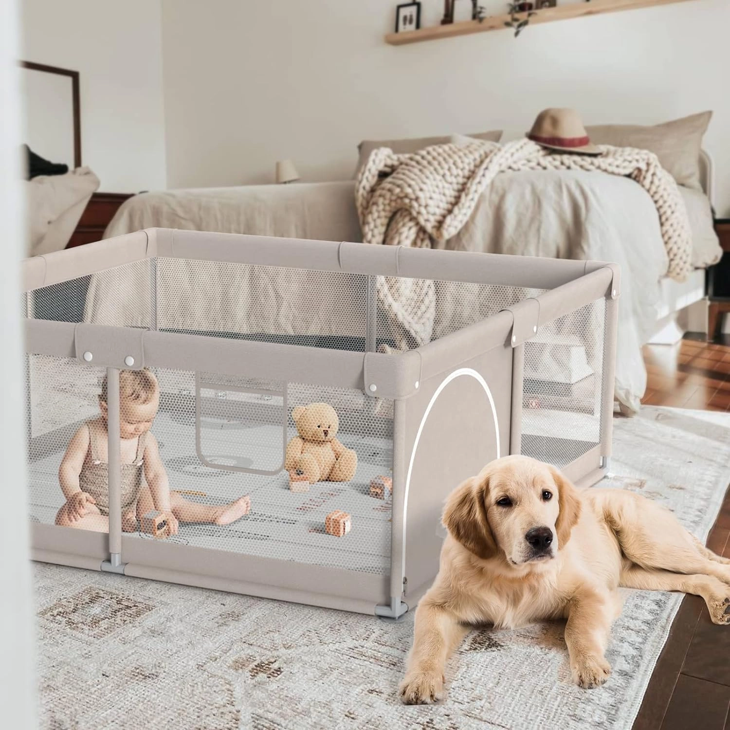 ZEEBABA Baby Playpen with Mat, 47x47inch Playpen for Babies and Toddlers, Small Baby Play Pens, Play Yard for Infants with 47" Play Mat, Playard with Gate