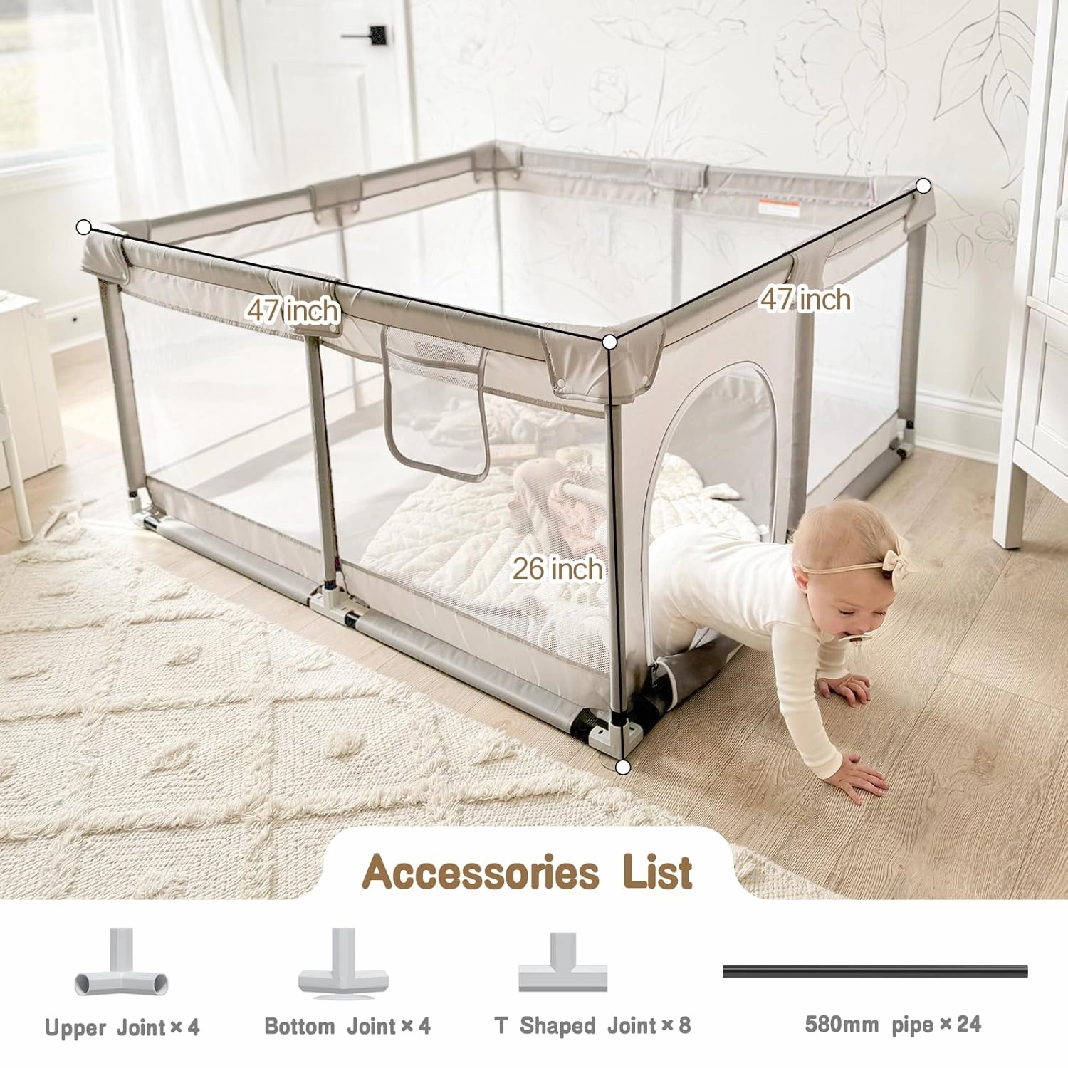 ZEEBABA Baby Playpen with Mat, 47x47inch Playpen for Babies and Toddlers, Small Baby Play Pens, Play Yard for Infants with 47" Play Mat, Playard with Gate