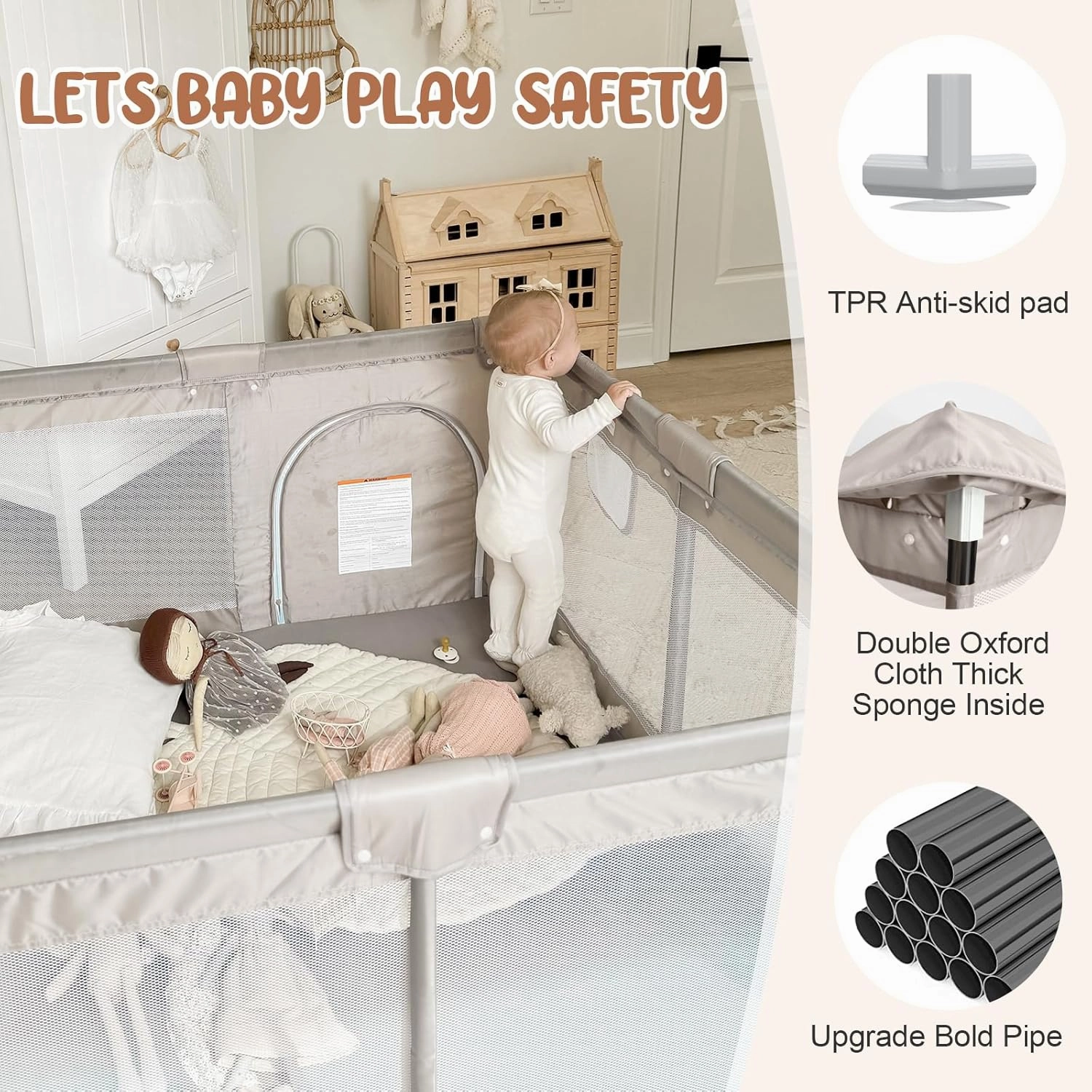 ZEEBABA Baby Playpen with Mat, 47x47inch Playpen for Babies and Toddlers, Small Baby Play Pens, Play Yard for Infants with 47" Play Mat, Playard with Gate