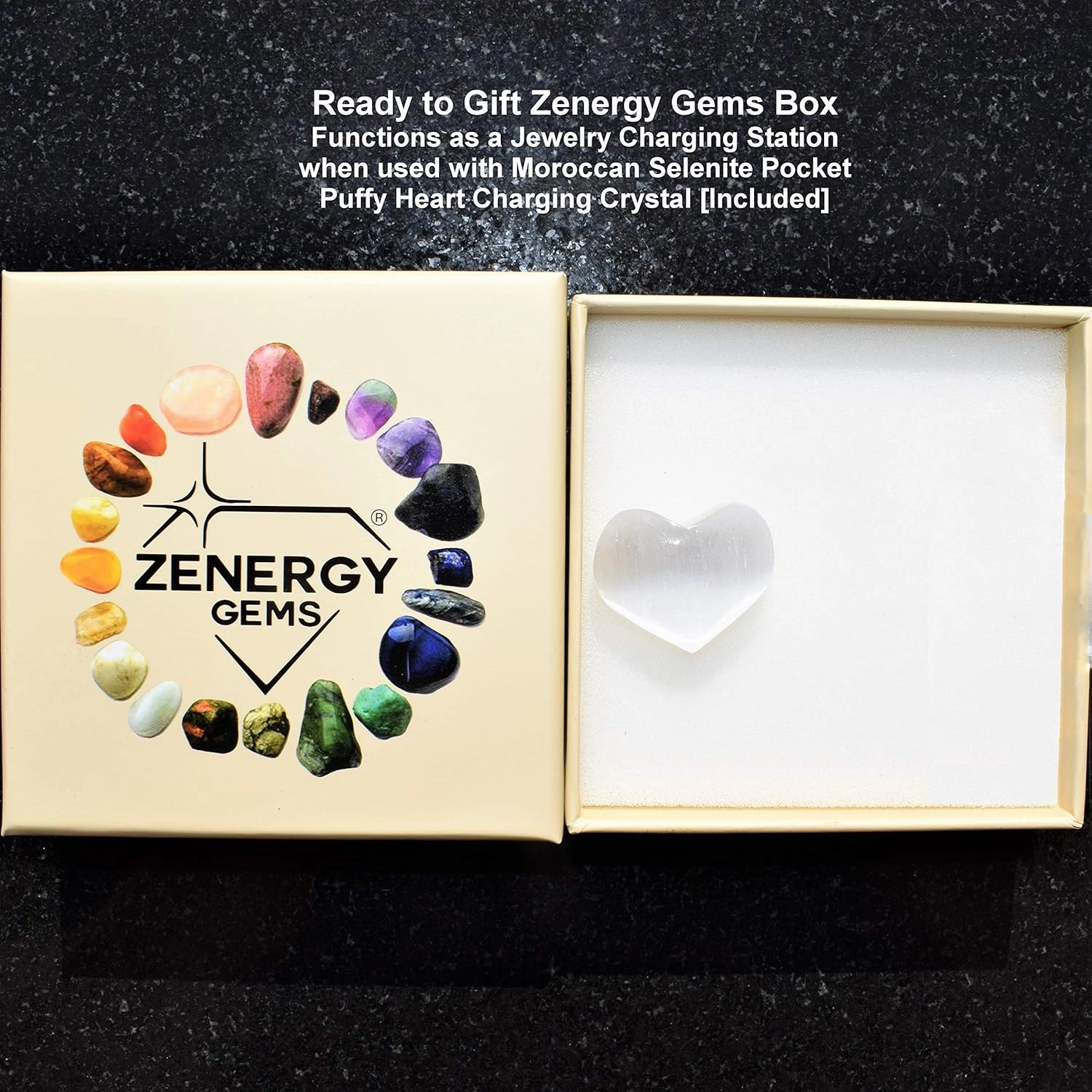 Zenergy Gems Selenite Charged Hand-Carved Natural Mystic Indigo Gabbro Pocket Puffy Heart/Palm Heart/Worry Stone   Selenite Heart Charging Crystal [Included]