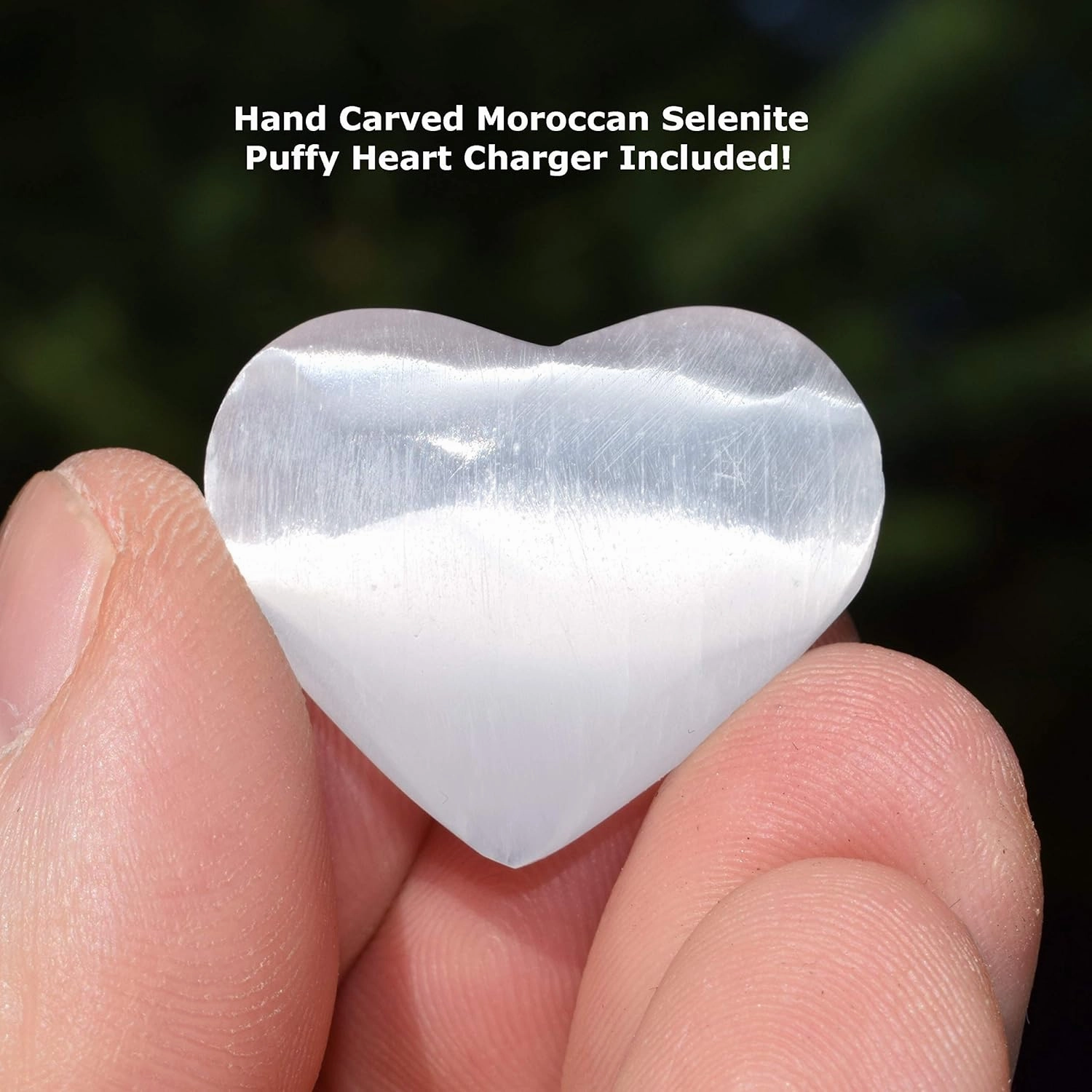 Zenergy Gems Selenite Charged Hand-Carved Natural Mystic Indigo Gabbro Pocket Puffy Heart/Palm Heart/Worry Stone   Selenite Heart Charging Crystal [Included]
