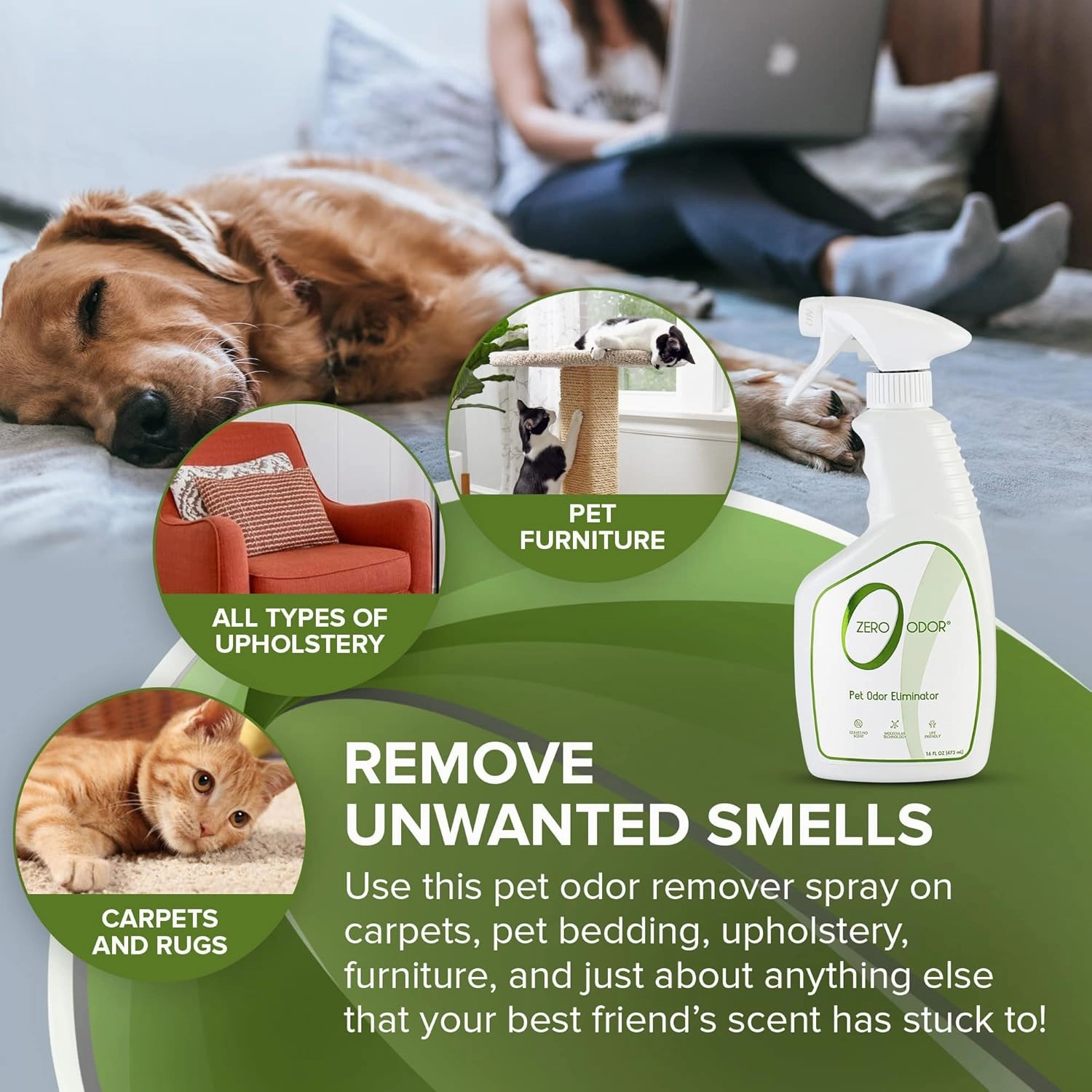 Zero Odor - Pet Odor Eliminator for Strong Odor, Eliminate Air & Surface Odors – Patented Molecular Technology Best For Carpet, Furniture, Beds Smell Great Again (Over 400 Sprays Per Bottle)