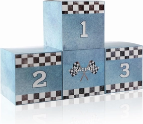 Zhanmai 4 Pcs Large Racing Car Party Boxes 11.8 x 11.8 Inch Goodie Checkered Boxes for Birthday Decor Truck Theme Race Car Podium Centerpiece Decorations Cardboard Party Favors(Blue)
