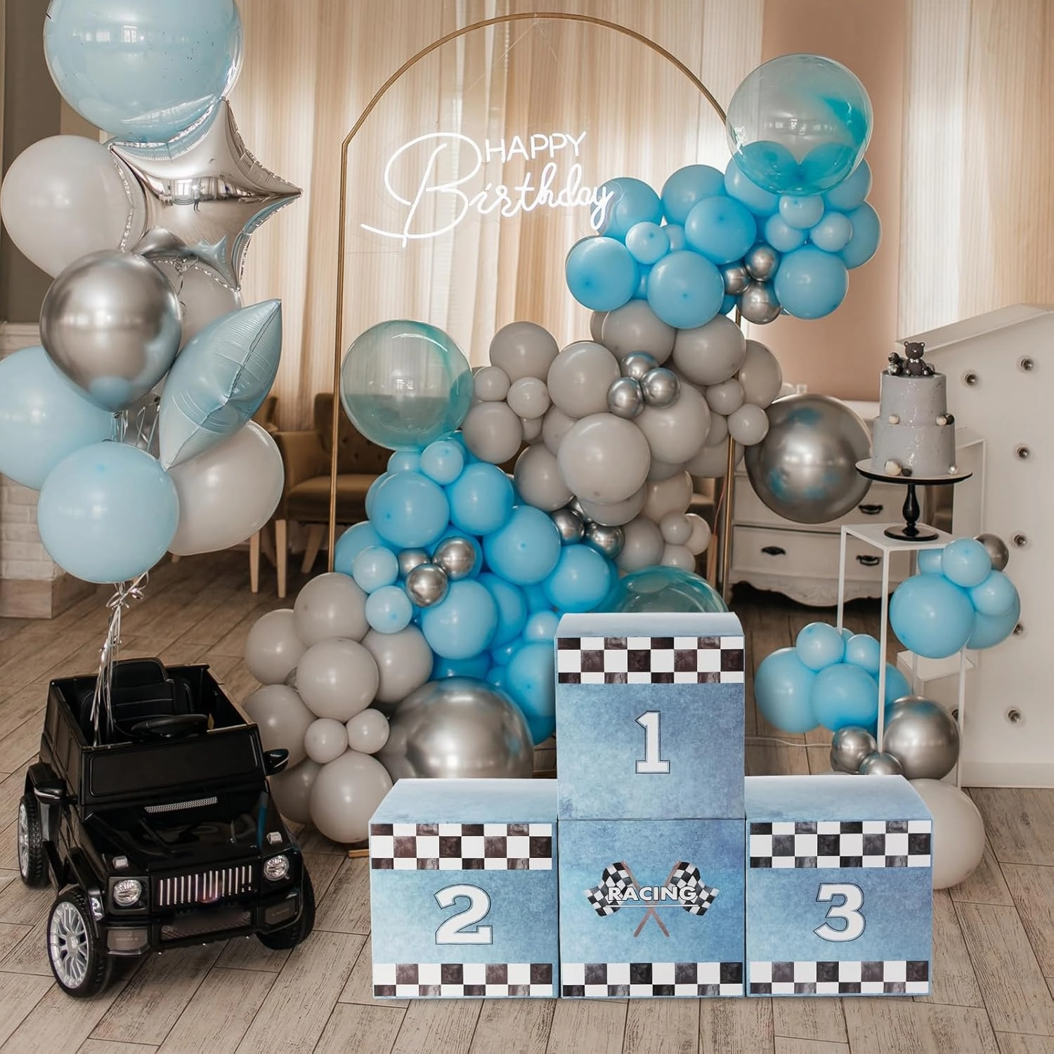 Zhanmai 4 Pcs Large Racing Car Party Boxes 11.8 x 11.8 Inch Goodie Checkered Boxes for Birthday Decor Truck Theme Race Car Podium Centerpiece Decorations Cardboard Party Favors(Blue)