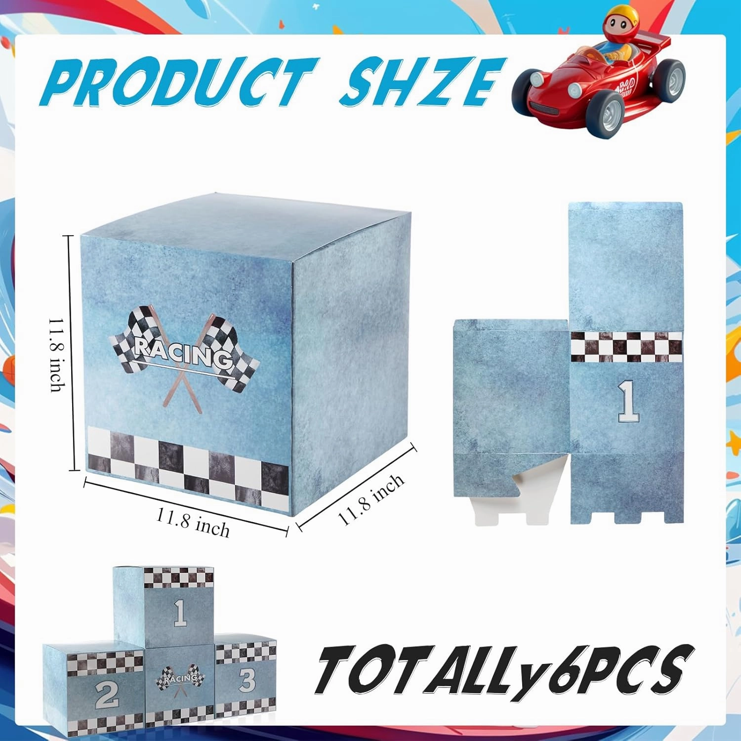 Zhanmai 4 Pcs Large Racing Car Party Boxes 11.8 x 11.8 Inch Goodie Checkered Boxes for Birthday Decor Truck Theme Race Car Podium Centerpiece Decorations Cardboard Party Favors(Blue)