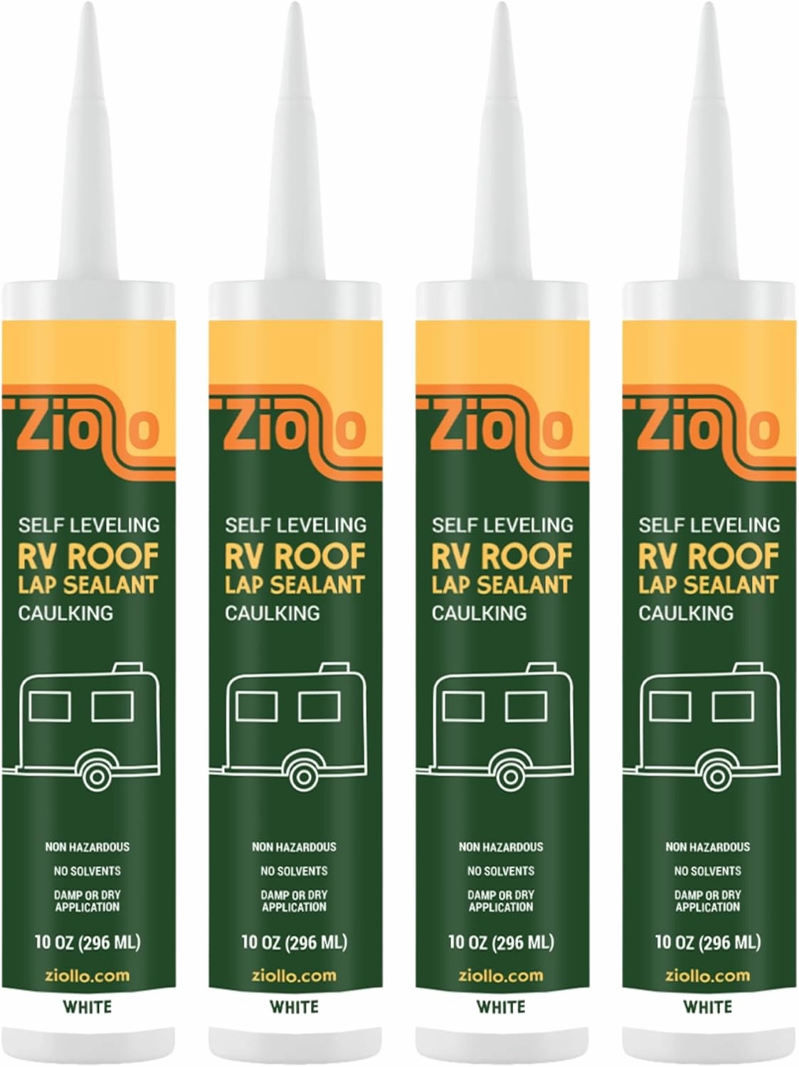 Ziollo RV Roof Lap Sealant - Self-Leveling EPDM Caulk for Rubber Roofs, Seams & Vents - Waterproof Sealant for Motorhomes, Trailers & Campers - White, 4-10 oz Tubes