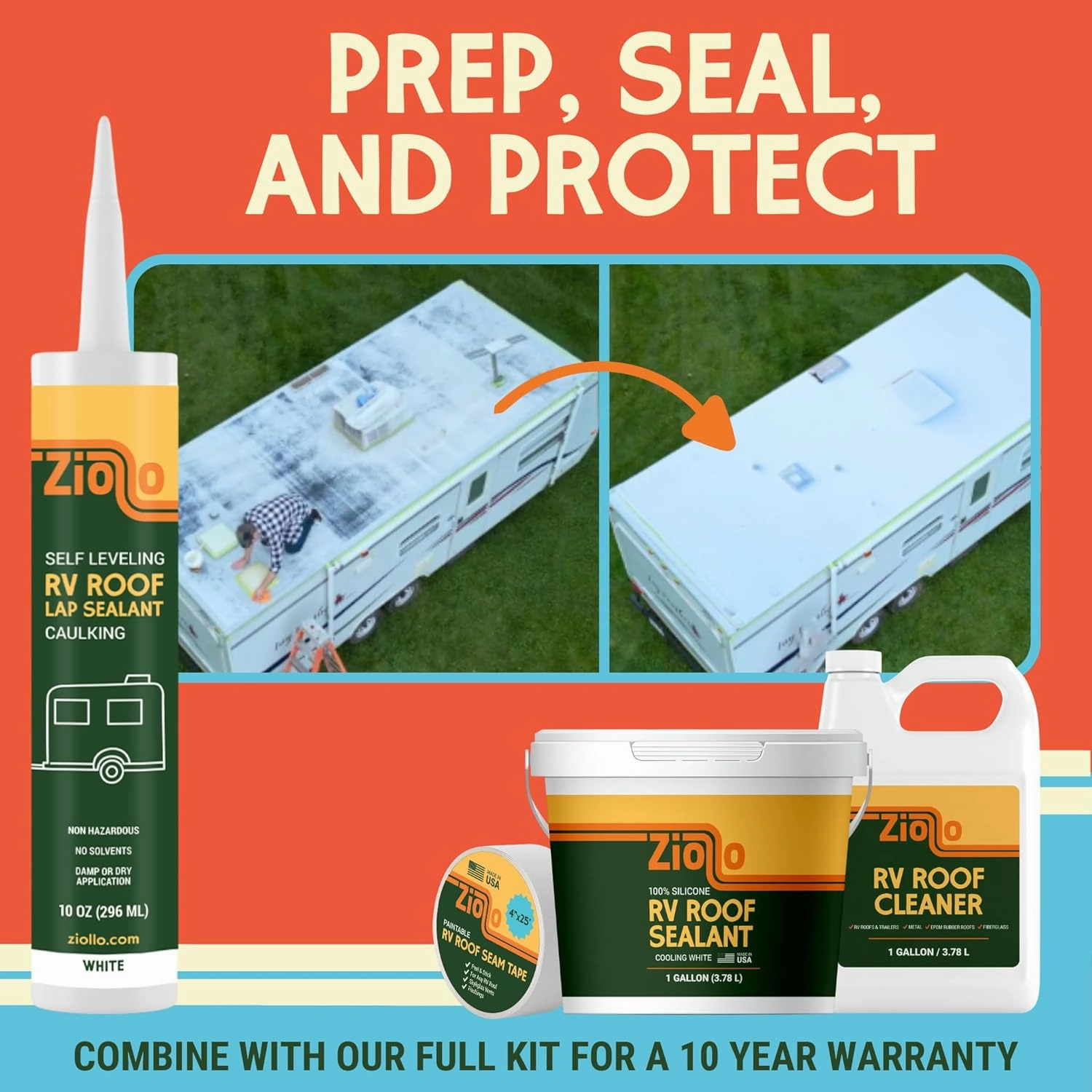Ziollo RV Roof Lap Sealant - Self-Leveling EPDM Caulk for Rubber Roofs, Seams & Vents - Waterproof Sealant for Motorhomes, Trailers & Campers - White, 4-10 oz Tubes
