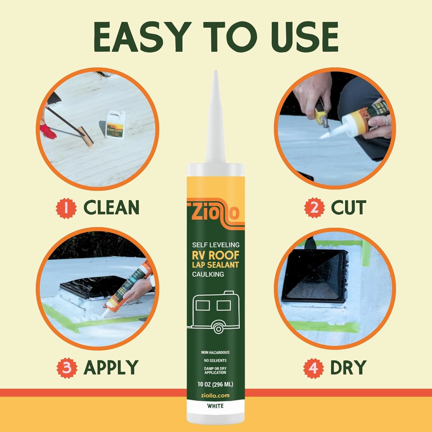 Ziollo RV Roof Lap Sealant - Self-Leveling EPDM Caulk for Rubber Roofs, Seams & Vents - Waterproof Sealant for Motorhomes, Trailers & Campers - White, 4-10 oz Tubes