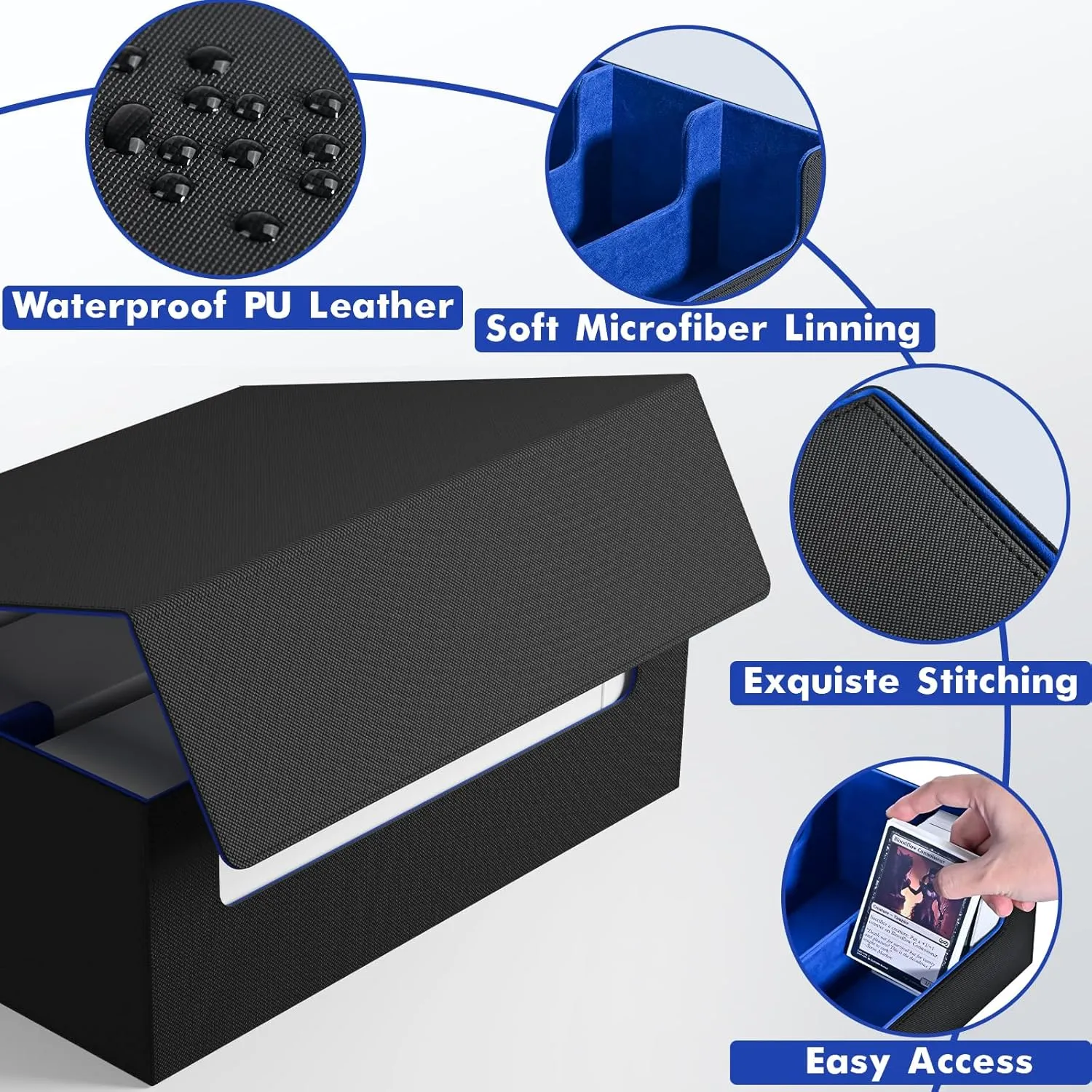 ZLCA Card Storage Box for MTG PTCG, Commander Deck Box Holds 1800 , Deck Storage Case, Card Organizer for TCG(Black&Blue)