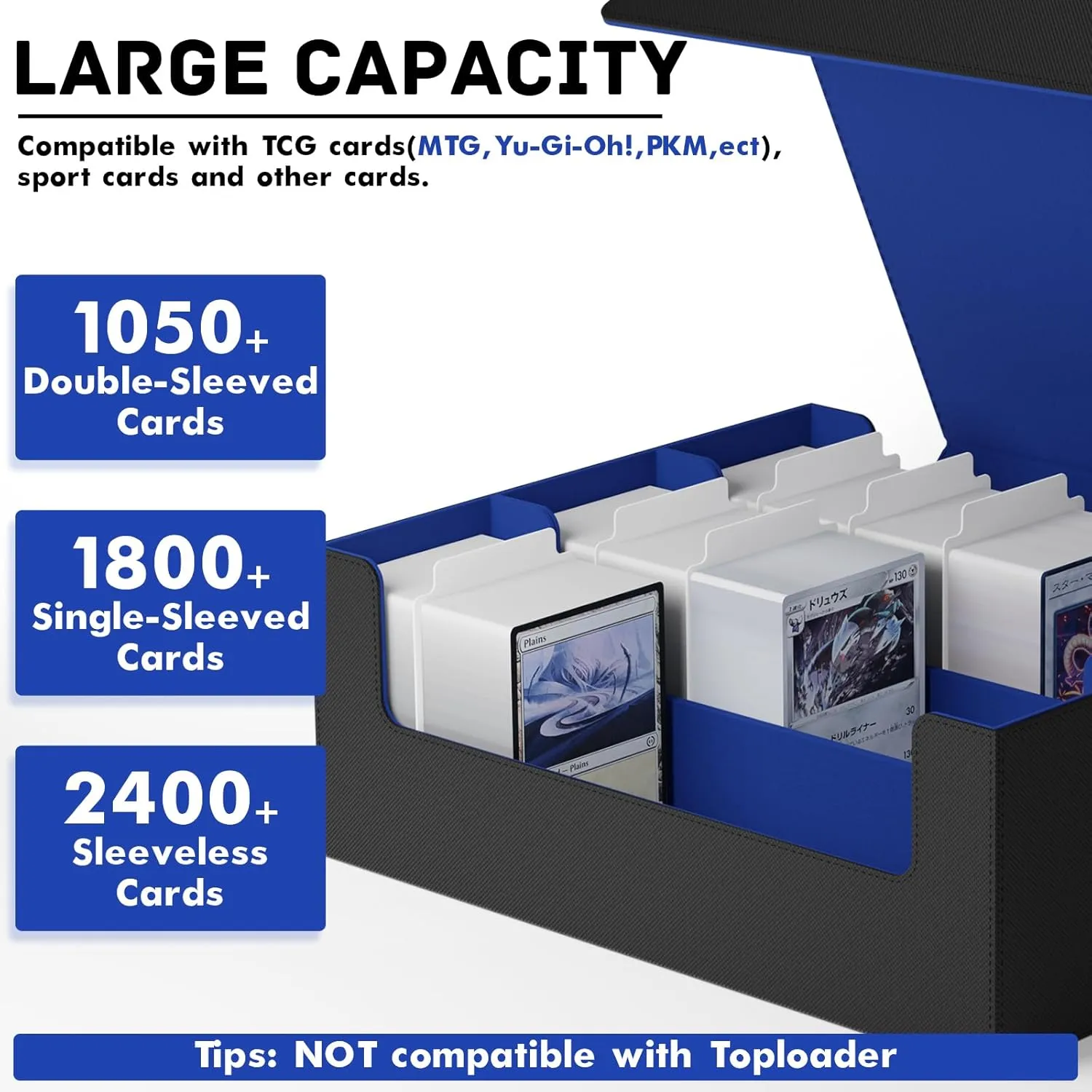 ZLCA Card Storage Box for MTG PTCG, Commander Deck Box Holds 1800 , Deck Storage Case, Card Organizer for TCG(Black&Blue)
