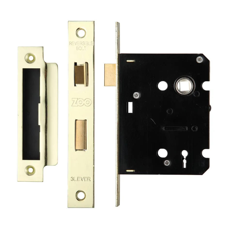 Zoo Hardware - 3 Lever Mortice Sashlock, 76mm - 57mm Centres, Square, PVD Polished Brass Finish