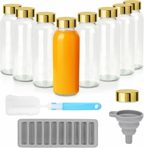 Zukro Glass Water Bottles with Gold Lids 10 oz, Reusable Clear Glass Juicing Bottles With Stainless Steel Cap, Leak Proof 300ml Drinking Container Jar for Juice, Milk, Ginger Shot, BPA Free, 8 Pack
