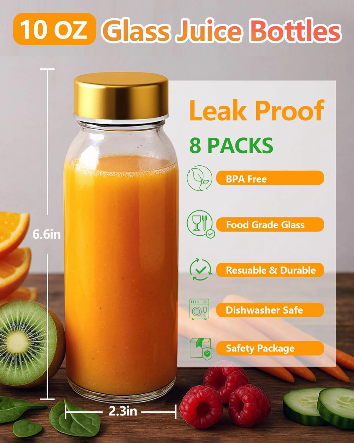 Zukro Glass Water Bottles with Gold Lids 10 oz, Reusable Clear Glass Juicing Bottles With Stainless Steel Cap, Leak Proof 300ml Drinking Container Jar for Juice, Milk, Ginger Shot, BPA Free, 8 Pack