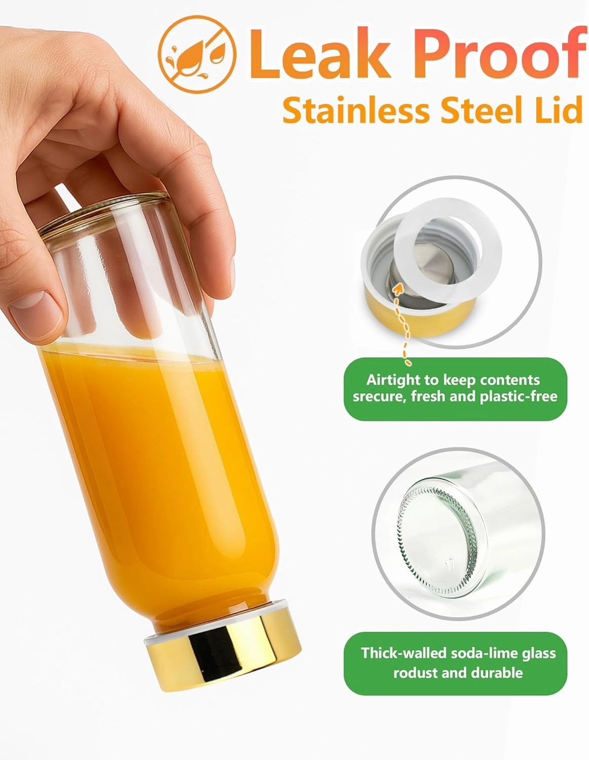Zukro Glass Water Bottles with Gold Lids 10 oz, Reusable Clear Glass Juicing Bottles With Stainless Steel Cap, Leak Proof 300ml Drinking Container Jar for Juice, Milk, Ginger Shot, BPA Free, 8 Pack