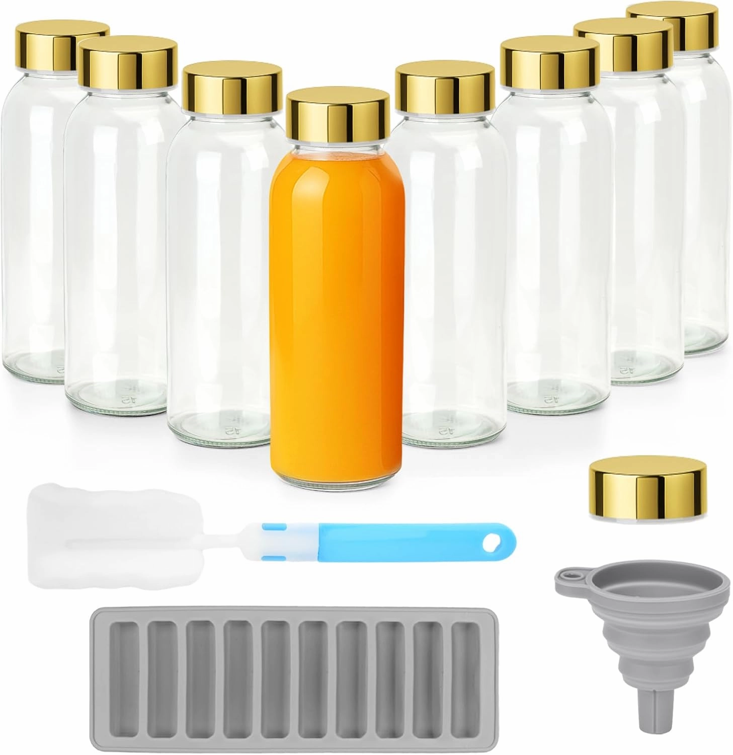 Zukro Glass Water Bottles with Gold Lids 10 oz, Reusable Clear Glass Juicing Bottles With Stainless Steel Cap, Leak Proof 300ml Drinking Container Jar for Juice, Milk, Ginger Shot, BPA Free, 8 Pack